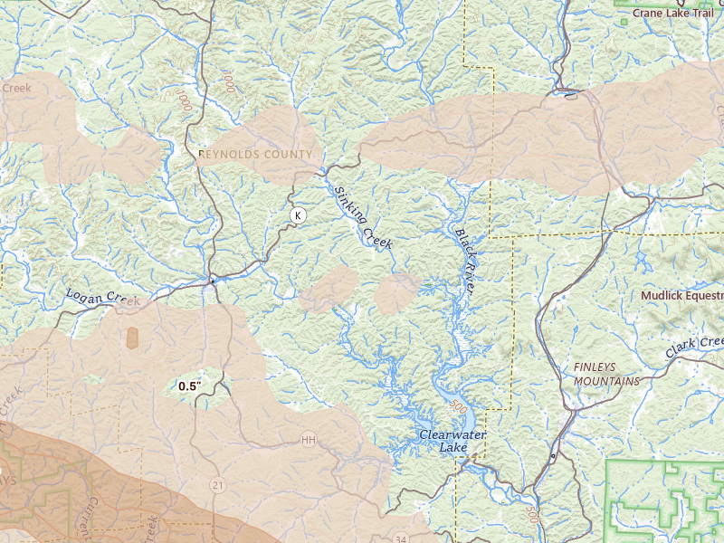 Radar-estimated hail-size map of the storm over Redford, MO on Aug 19, 2026