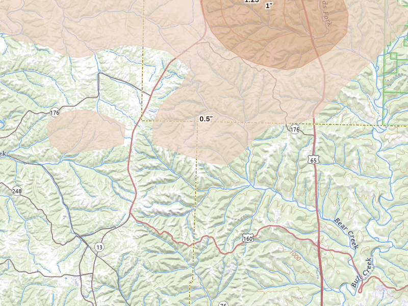 Radar-estimated hail-size map of the storm over Reeds Spring, MO on May 30, 2026