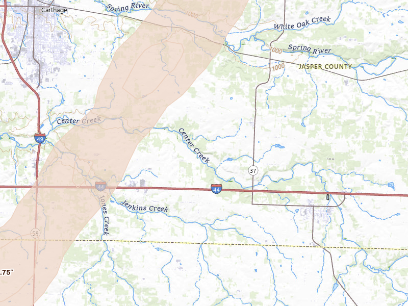 Radar-estimated hail-size map of the storm over Reeds, MO on Mar 6, 2026