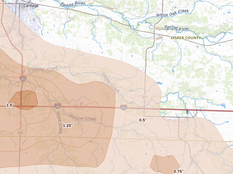 Radar-estimated hail-size map of the storm over Reeds, MO on Apr 26, 2026