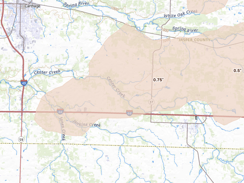 Radar-estimated hail-size map of the storm over Reeds, MO on Apr 28, 2026