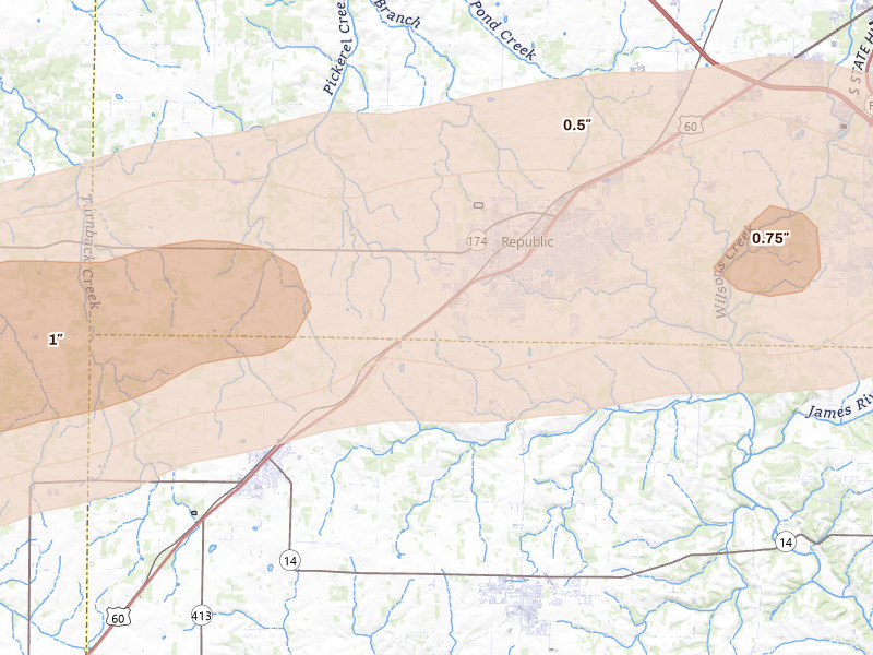 Radar-estimated hail-size map of the storm over Republic, MO on Apr 27, 2026