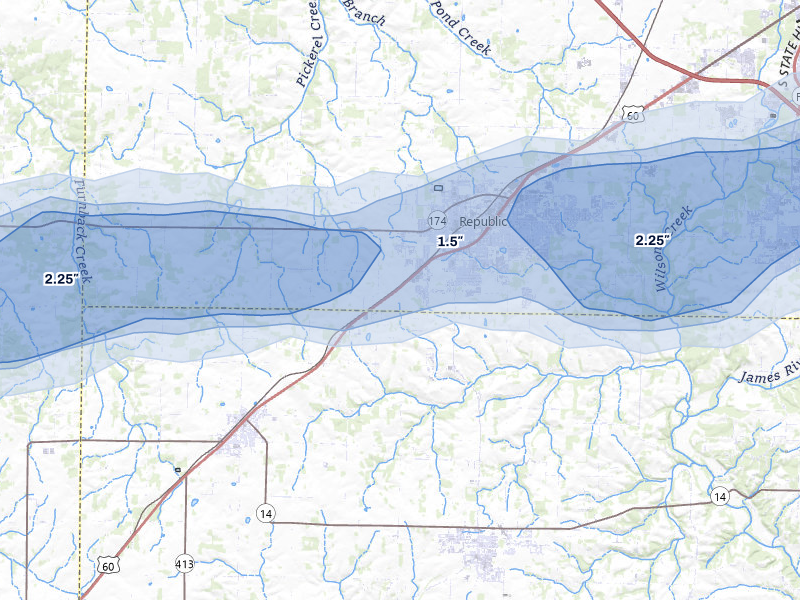 NEXRAD radar-signature map of the hail storm over Republic, MO on Apr 27, 2026