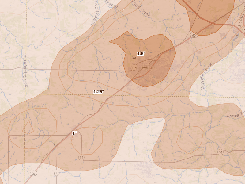 Radar-estimated hail-size map of the storm over Republic, MO on Apr 28, 2026