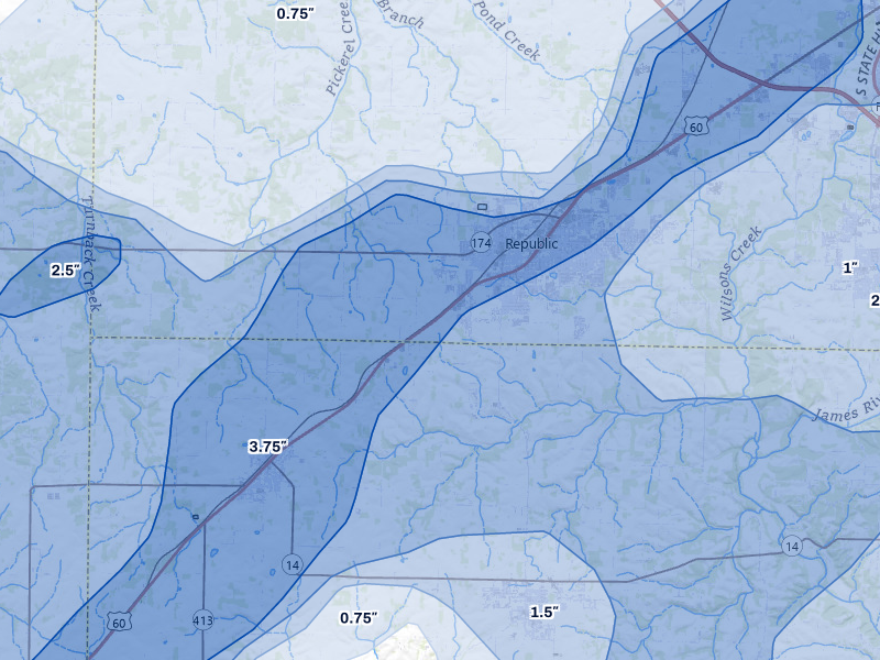 NEXRAD radar-signature map of the hail storm over Republic, MO on Apr 28, 2026