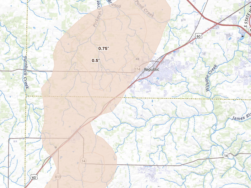 Radar-estimated hail-size map of the storm over Republic, MO on May 30, 2026