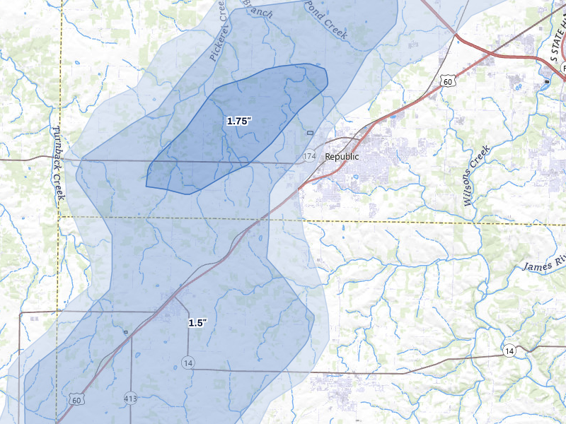 NEXRAD radar-signature map of the hail storm over Republic, MO on May 30, 2026