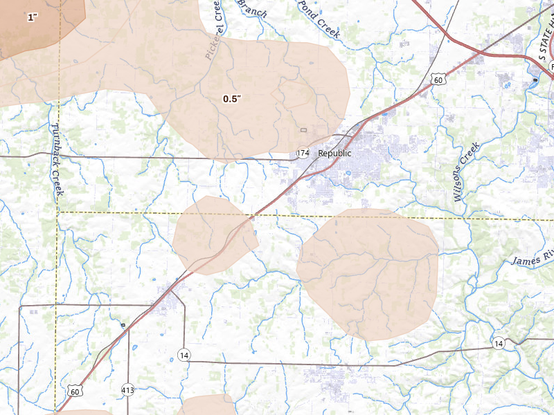 Radar-estimated hail-size map of the storm over Republic, MO on Aug 6, 2026