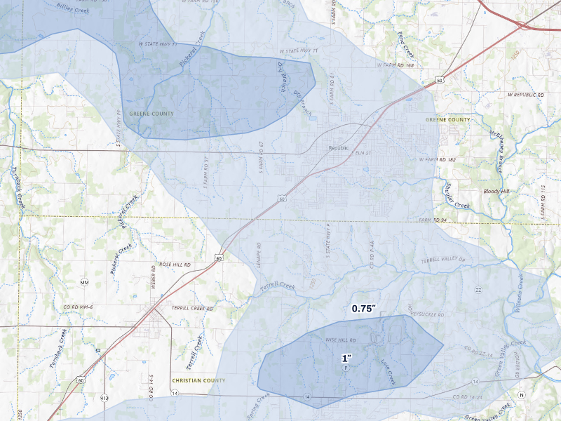 NEXRAD radar-signature map of the hail storm over Republic, MO on Aug 6, 2026