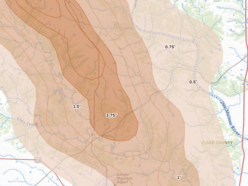 Radar-estimated hail-size map of the storm over Revere, MO on Aug 7, 2026