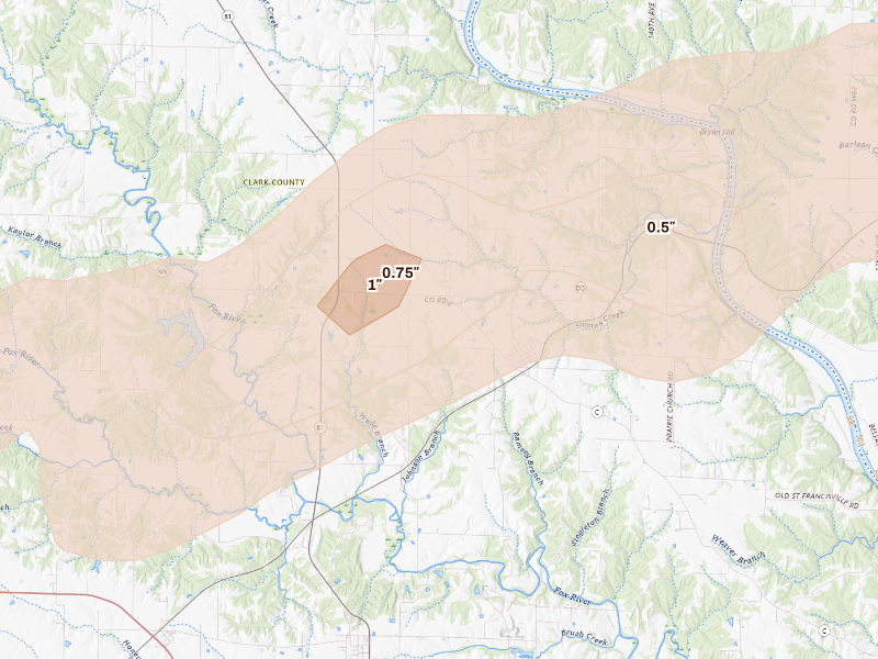 Radar-estimated hail-size map of the storm over Revere, MO