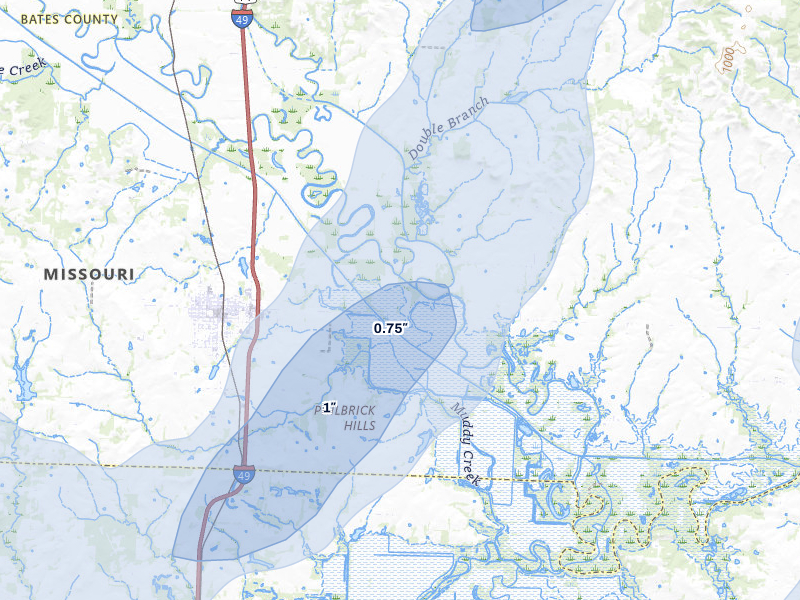 NEXRAD radar-signature map of the hail over Rich Hill, MO