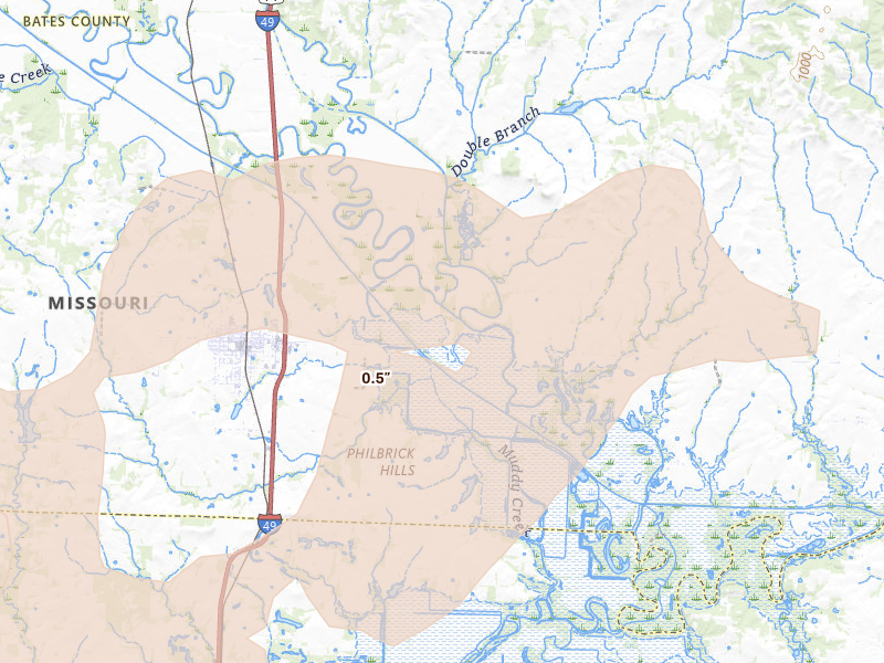 Radar-estimated hail-size map of the storm over Rich Hill, MO on Apr 26, 2026