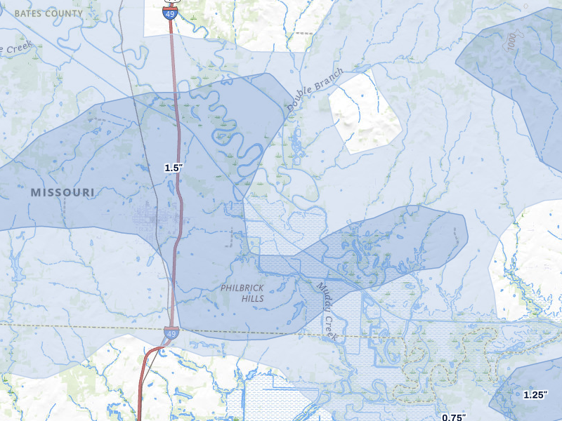 NEXRAD radar-signature map of the hail over Rich Hill, MO
