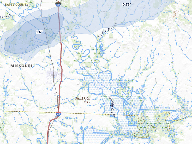 NEXRAD radar-signature map of the hail over Rich Hill, MO