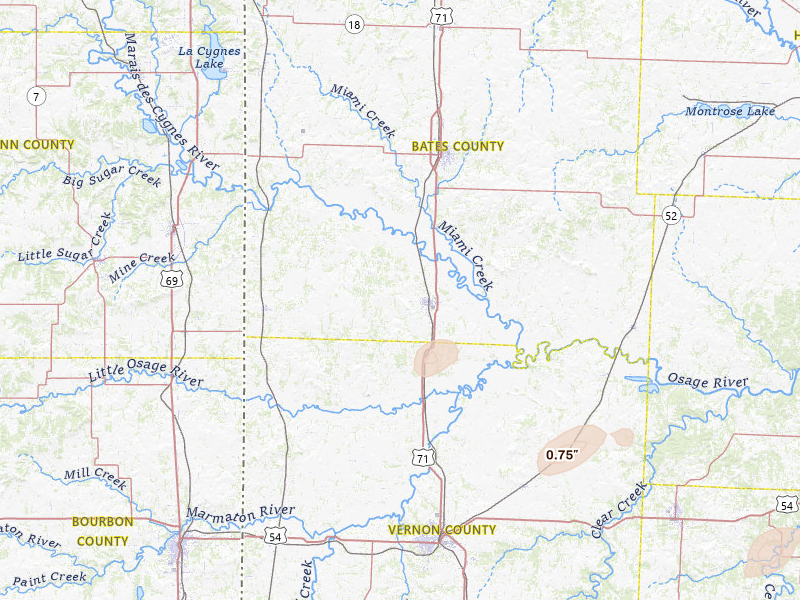 Radar-estimated hail-size map of the storm over Rich Hill, MO on May 23, 2026