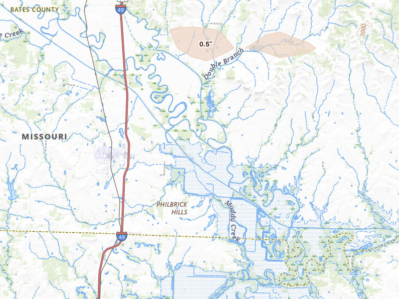 Radar-estimated hail-size map of the storm over Rich Hill, MO on May 31, 2026