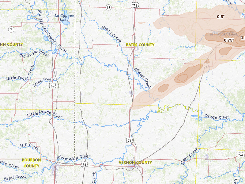 Radar-estimated hail-size map of the storm over Rich Hill, MO on Jun 11, 2026
