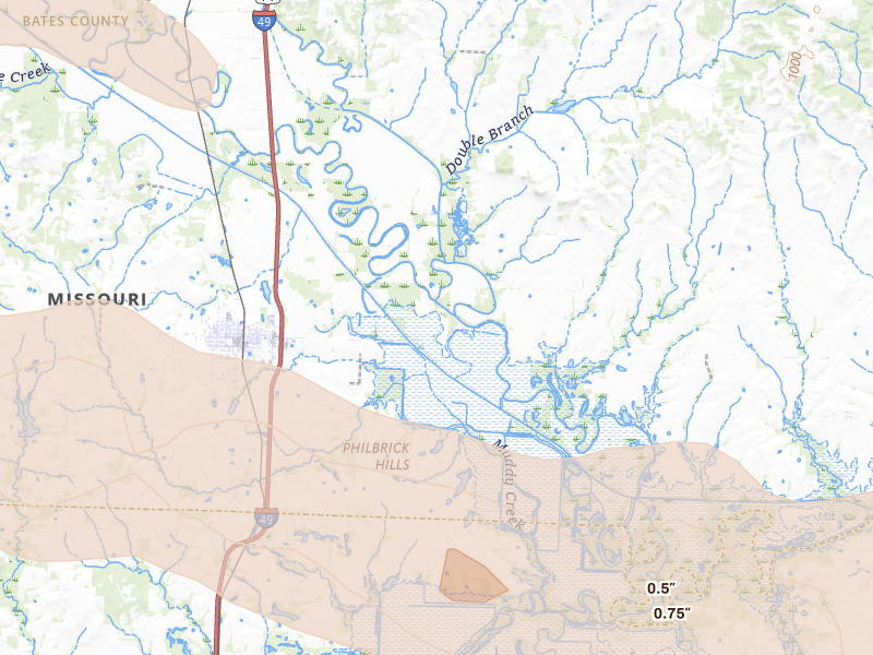 Radar-estimated hail-size map of the storm over Rich Hill, MO on Jun 17, 2026