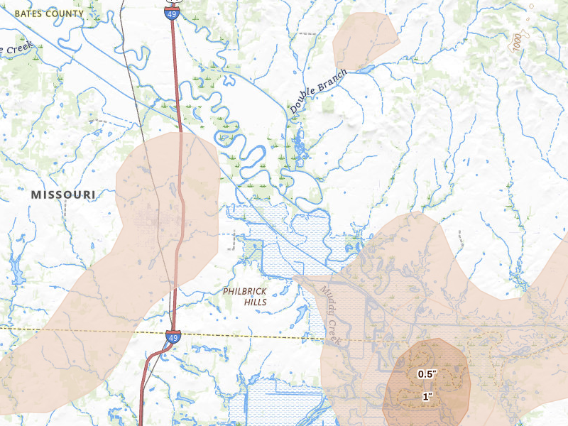 Radar-estimated hail-size map of the storm over Rich Hill, MO on Jul 4, 2026