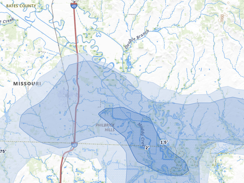 NEXRAD radar-signature map of the hail over Rich Hill, MO