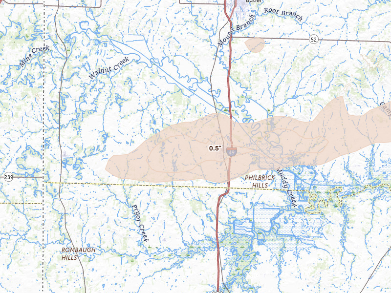 Radar-estimated hail-size map of the storm over Rich Hill, MO on Aug 5, 2026
