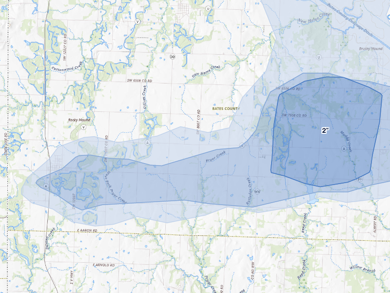 NEXRAD radar-signature map of the hail storm over Rich Hill, MO on Aug 5, 2026