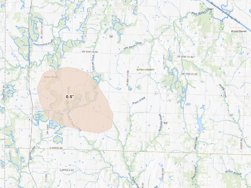 Radar-estimated hail-size map of the storm over Rich Hill, MO