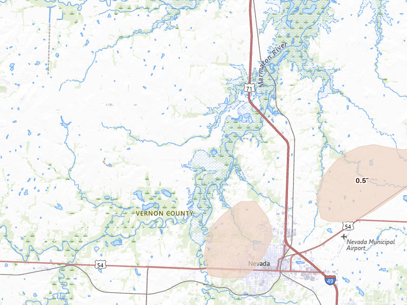 Radar-estimated hail-size map of the storm over Richards, MO on Apr 17, 2026