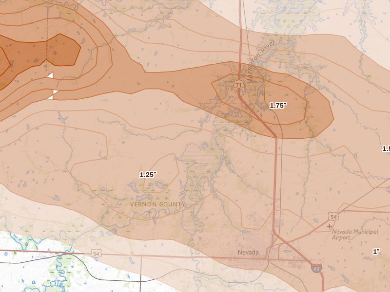 Radar-estimated hail-size map of the storm over Richards, MO on Apr 26, 2026