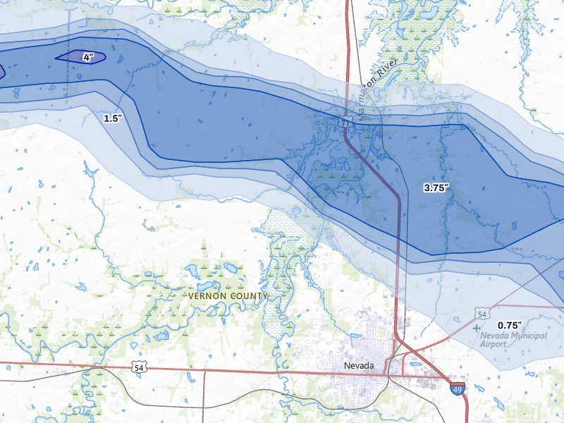 NEXRAD radar-signature map of the hail over Richards, MO