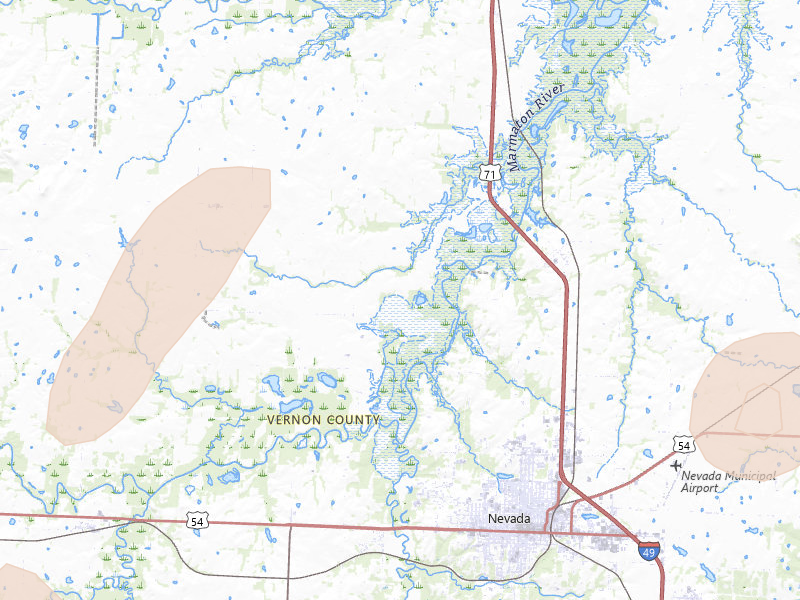 Radar-estimated hail-size map of the storm over Richards, MO on May 30, 2026