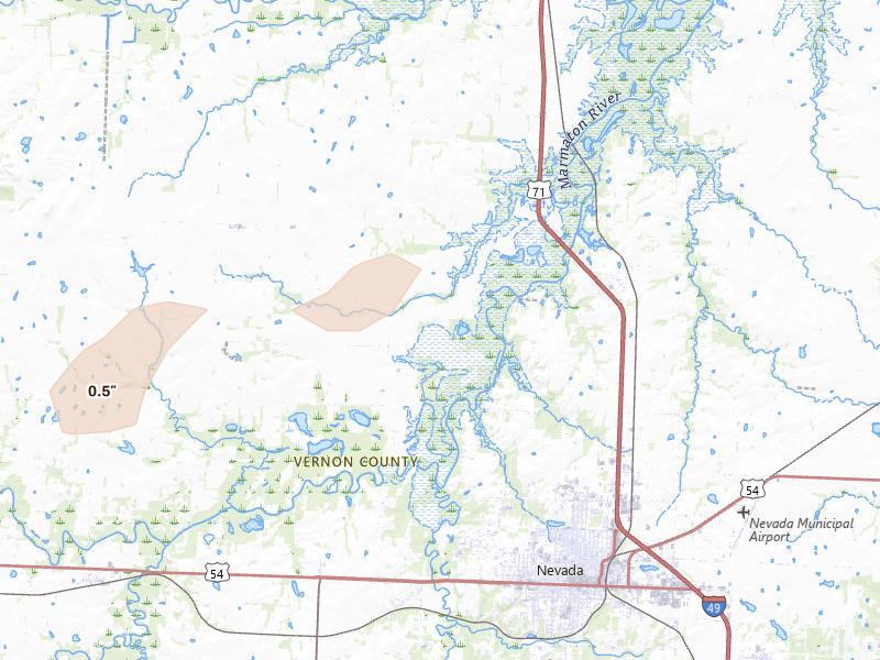 Radar-estimated hail-size map of the storm over Richards, MO on May 31, 2026