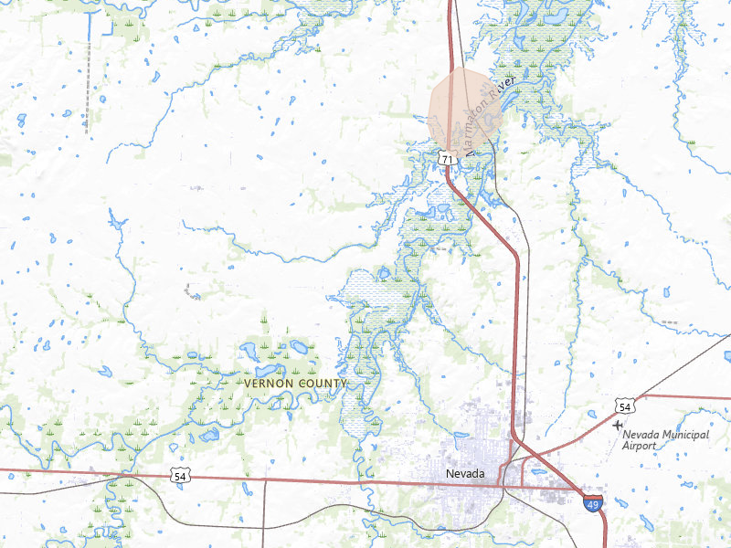 Radar-estimated hail-size map of the storm over Richards, MO on Jul 4, 2026