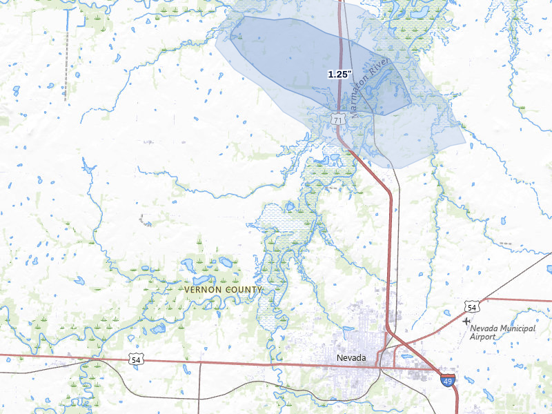 NEXRAD radar-signature map of the hail over Richards, MO
