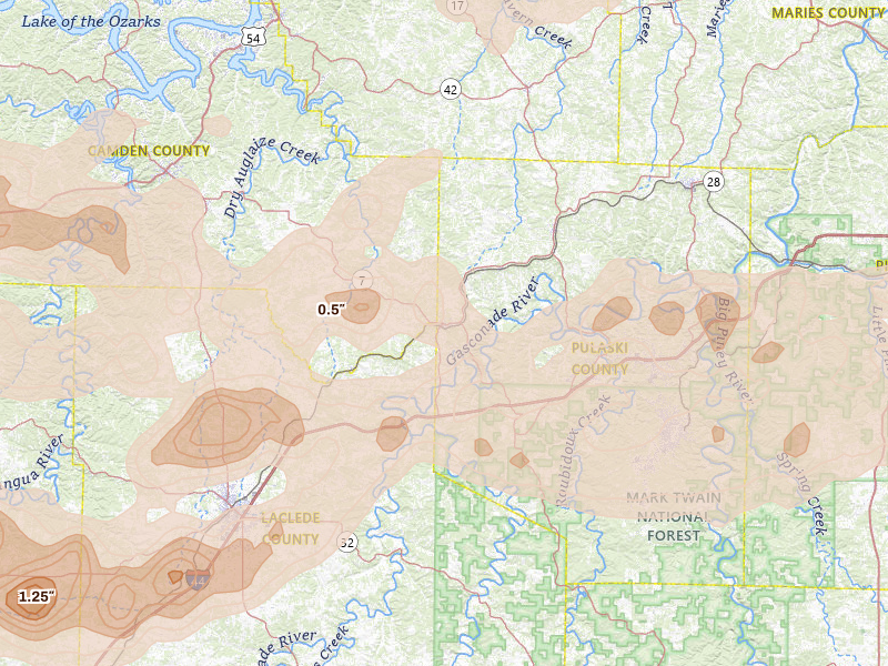 Radar-estimated hail-size map of the storm over Richland, MO on Apr 26, 2026