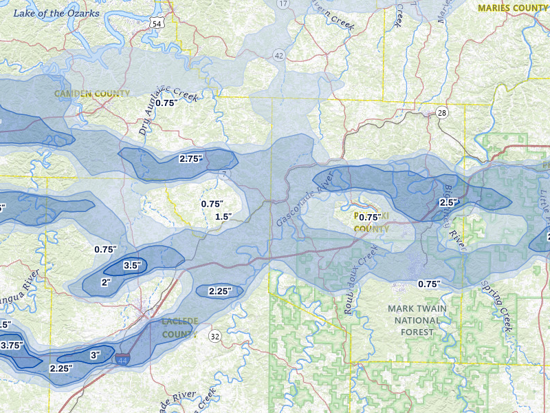 NEXRAD radar-signature map of the hail over Richland, MO