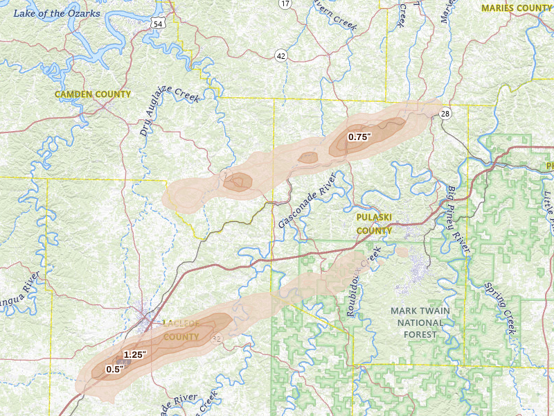 Radar-estimated hail-size map of the storm over Richland, MO on Apr 27, 2026