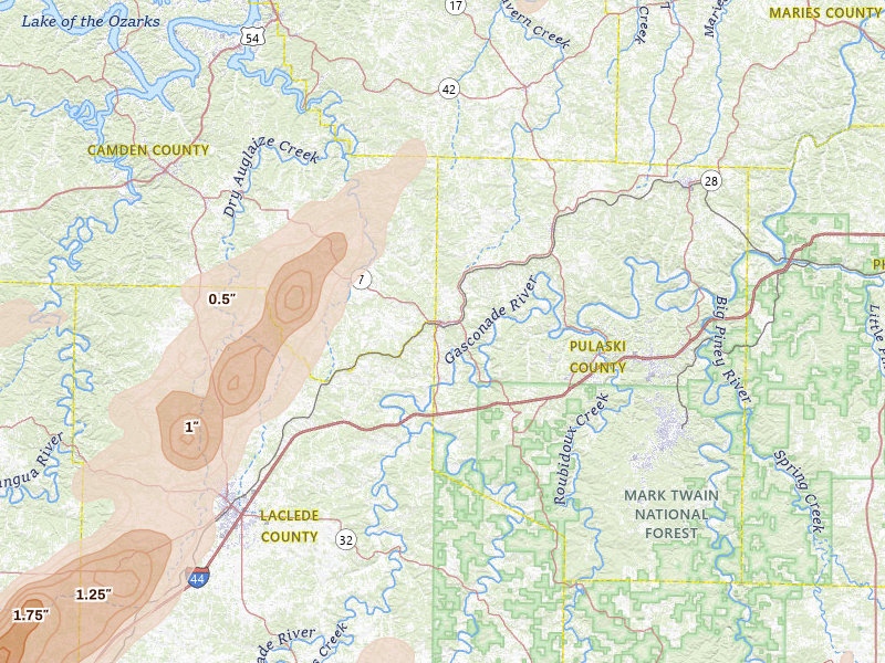 Radar-estimated hail-size map of the storm over Richland, MO on Apr 28, 2026
