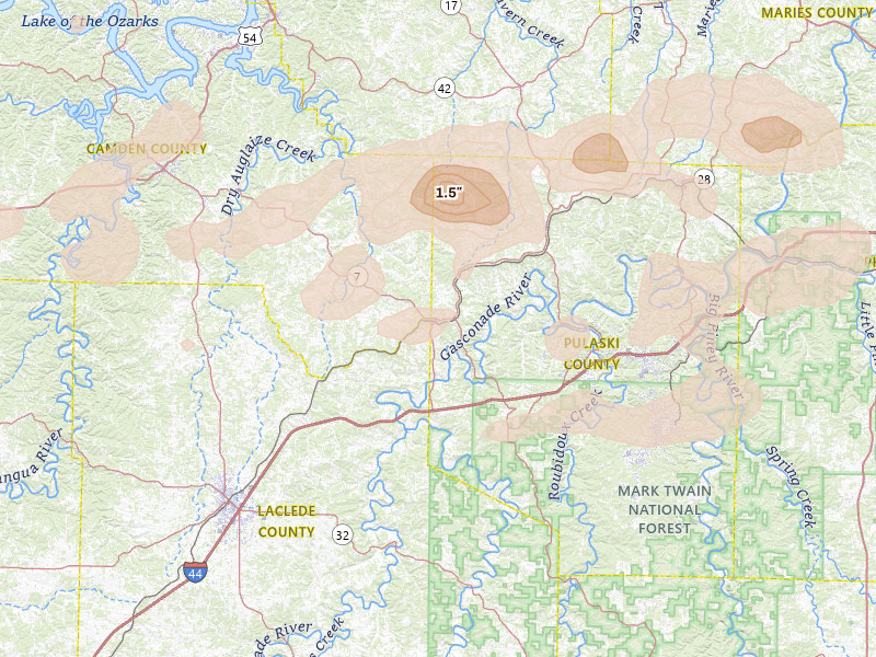 Radar-estimated hail-size map of the storm over Richland, MO on May 31, 2026
