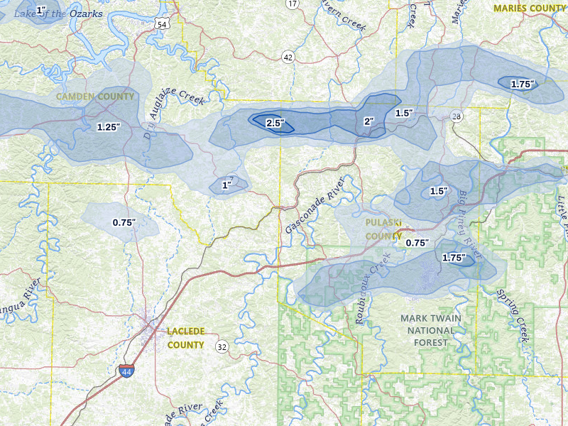 NEXRAD radar-signature map of the hail storm over Richland, MO on May 31, 2026