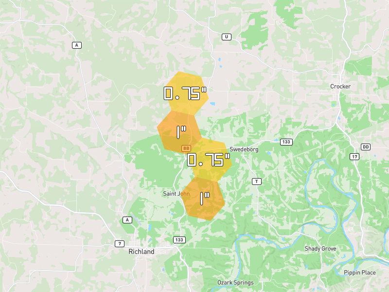 Hail map of Richland, MO on Jul 2, 2026, hail up to 1"