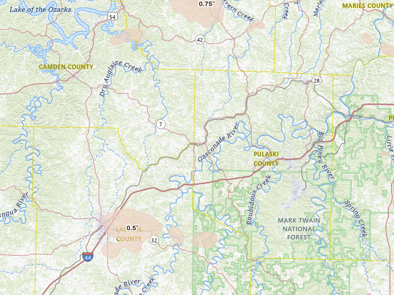 Radar-estimated hail-size map of the storm over Richland, MO on Jul 10, 2026