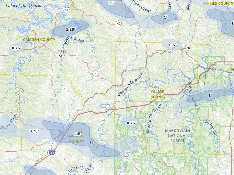 NEXRAD radar-signature map of the hail storm over Richland, MO on Jul 10, 2026