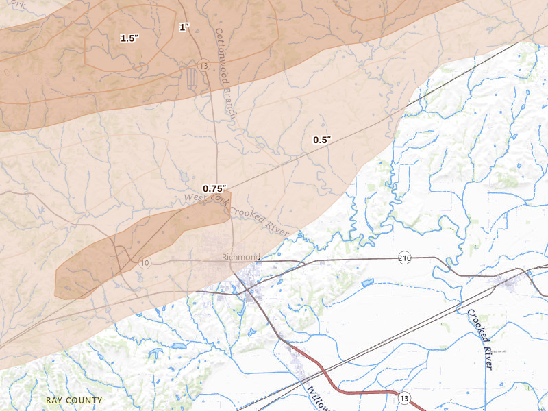 Radar-estimated hail-size map of the storm over Richmond, MO on Mar 10, 2026