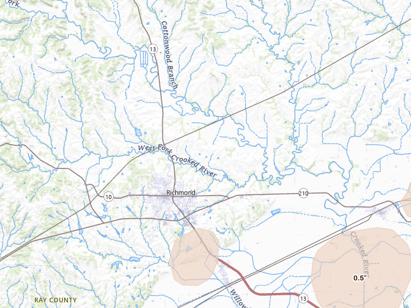 Radar-estimated hail-size map of the storm over Richmond, MO on Apr 17, 2026