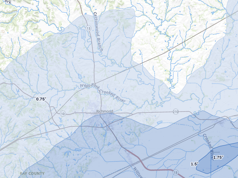 NEXRAD radar-signature map of the hail over Richmond, MO