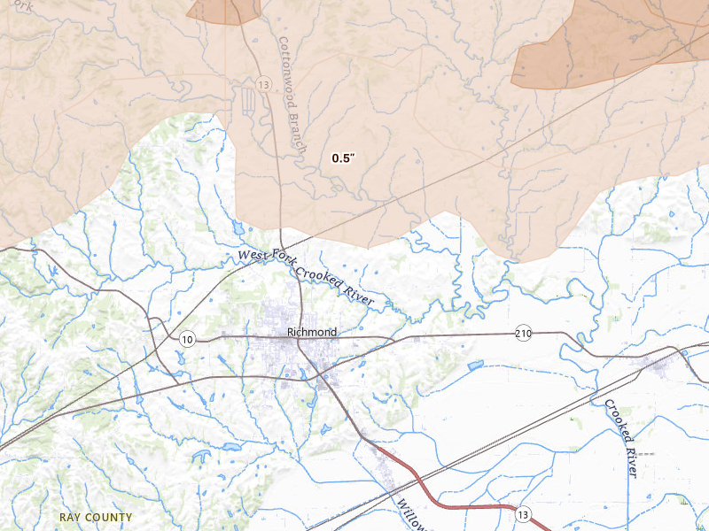 Radar-estimated hail-size map of the storm over Richmond, MO on Apr 26, 2026