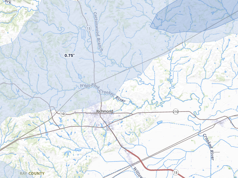 NEXRAD radar-signature map of the hail storm over Richmond, MO on May 31, 2026
