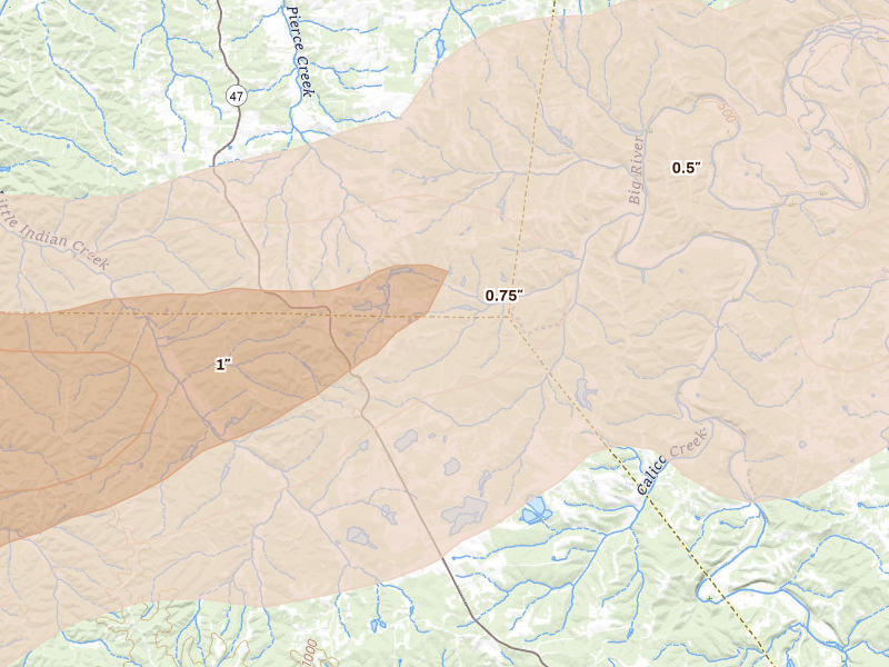 Radar-estimated hail-size map of the storm over Richwoods, MO on Apr 27, 2026
